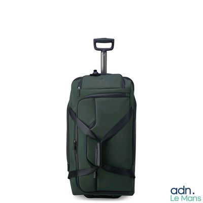 a green suitcase with a black handle and a black handle
