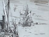 dessin représentant un bateau sur un plan d'eau, près d'un quai