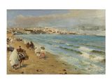 un tableau représentant des personnes marchant sur la plage au bord de l'eau