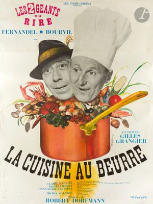 french movie poster for la cuisine au beurre with two chefs in a pot