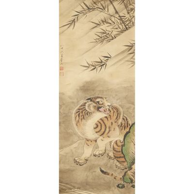 a painting of a tiger and a bird on a hill