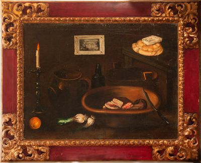 tableau représentant une nature morte avec un bol de nourriture et une bougie posés sur une table