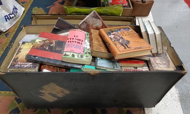 Une malle garnie de livres modernes dont certains neufs