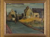 an image of a painting of a street with houses in the background