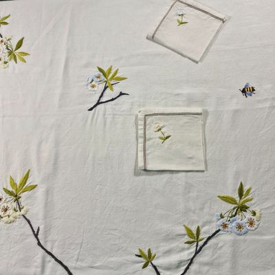 une nappe blanche sur laquelle est représentée une abeille