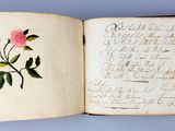 a book with a rose on it sitting on a table