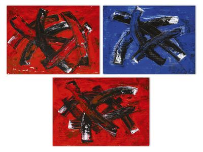 trois peintures abstraites de couleurs et de formes différentes sur fond blanc