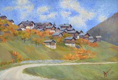 un tableau représentant un village situé sur une colline, avec un chemin de terre
