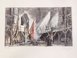 a picture of a drawing of a building with a flag on it