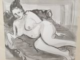 dessin représentant une femme nue allongée sur un lit, les jambes croisées