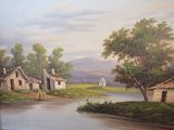 un tableau représentant une scène rurale avec une rivière et des maisons
