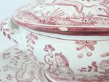 a red and white bowl and saucer on a plate