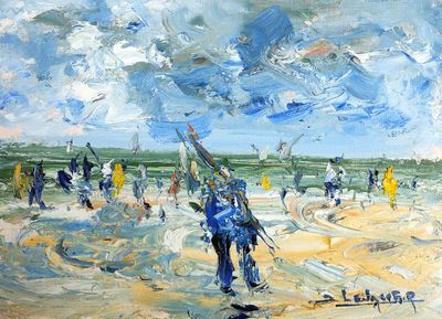 a painting of people on the beach flying kites