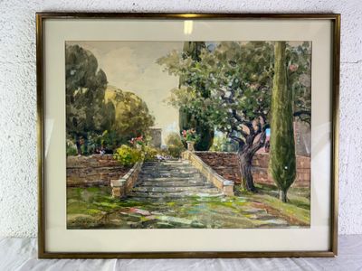 framed watercolor painting of a garden with steps and trees