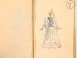 a drawing of a woman in a blue dress on an open book