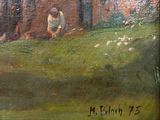 an oil painting of a man and a dog in a field