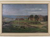 une image représentant un tableau de paysage avec des moutons qui paissent au premier plan