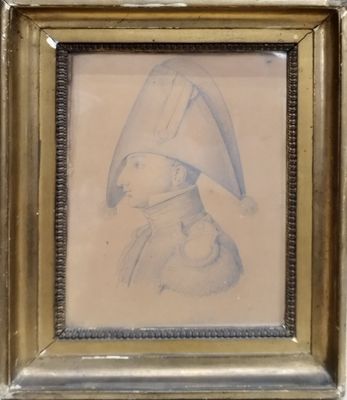 dessin encadré représentant un homme coiffé d'un chapeau et muni d'une canne