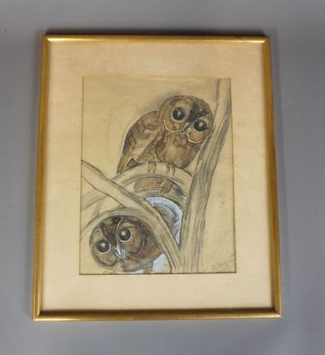tableau représentant deux chouettes perchées sur une branche, dans un cadre doré