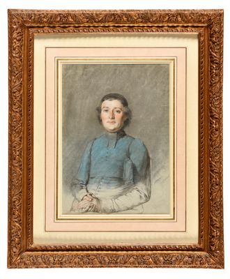 a painting of a woman in a blue dress sitting in front of a white background
