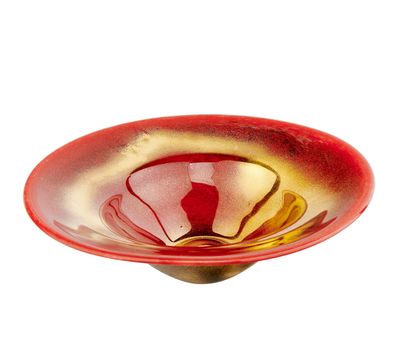 a red and gold glass bowl on a white background