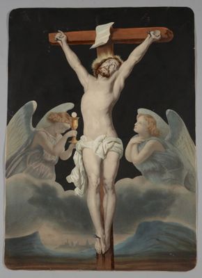 an image of a painting of jesus on the cross with angels
