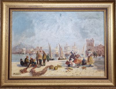 une peinture à l'huile représentant des personnes sur la plage, avec des bateaux en arrière-plan