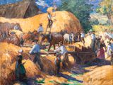 an oil painting of a group of people working on a farm