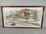 aquarelle encadrée représentant un village de montagne