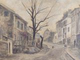an oil painting of a street scene with a tree in the middle of the street