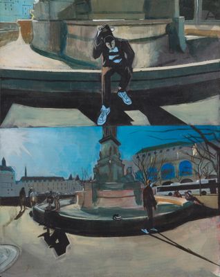 tableau représentant un skateur en train d'effectuer une figure devant une fontaine