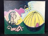 un tableau représentant un homme et une femme sur une plage