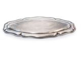 a silver tray with a handle on a white surface