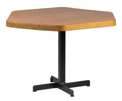 a close up of a wooden table with a metal base