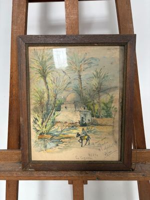 tableau représentant un homme à cheval, posé sur un chevalet en bois
