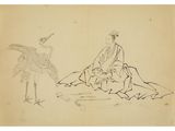 an image of a drawing of a woman sitting on a blanket next to a bird