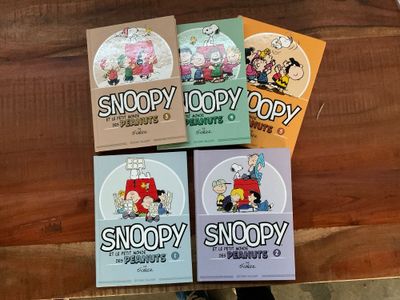 quatre livres de Snoopy et Snoopy posés sur une table en bois