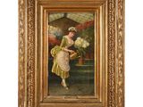 a painting of a woman in a green dress holding flowers