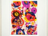 framed artwork of colorful abstract painting with white frame and white mat