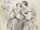 an old book with a drawing of two women standing next to each other