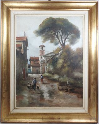 an image of a painting of a village scene with a horse drawn carriage