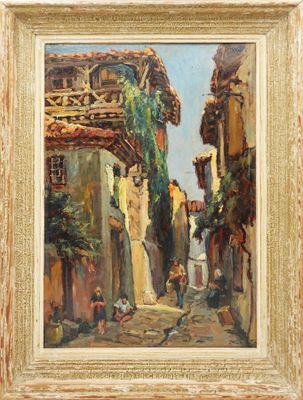 une peinture à l'huile représentant une scène de rue avec des bâtiments et des personnages