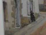 a painting of a person walking down a street