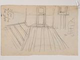 an old drawing of a room with a door and a window