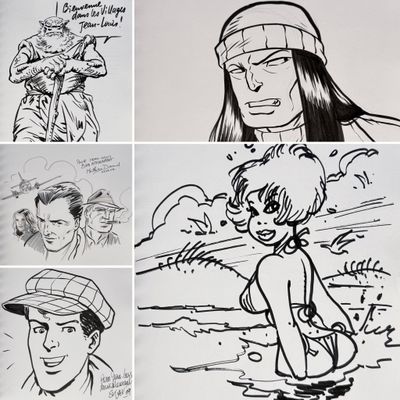 plusieurs croquis représentant un homme portant un chapeau et une casquette de baseball