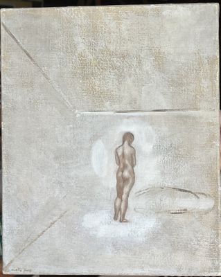 un tableau représentant un homme debout au milieu d'un champ