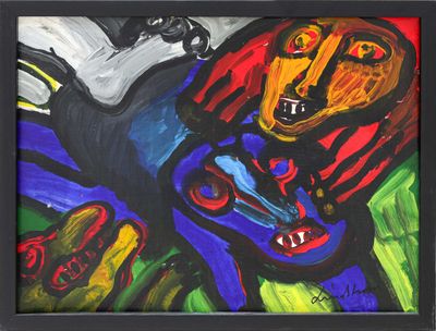 tableau représentant un chien et un chat, dans un cadre noir sur fond vert