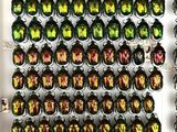 many different colored beetles on display in a display case