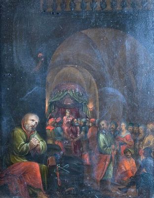 un vieux tableau représentant un homme agenouillé devant une foule de gens