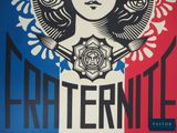 poster of a woman holding a knife and fork in front of a red, white and blue background